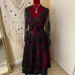 Vintage Sylvia Standig New York Silk and Lace Evening Dress Black Pink Size 2